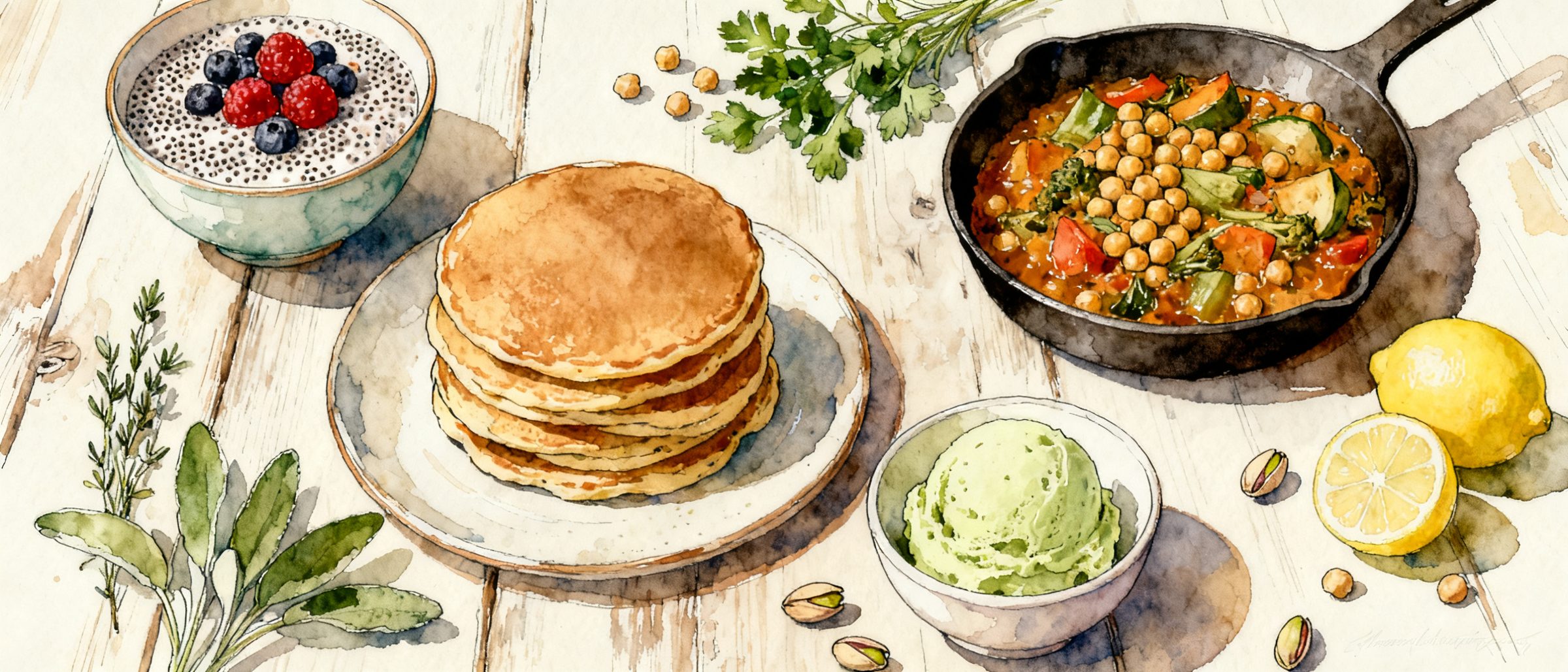 Watercolor illustration of plant-based dishes on a wooden table